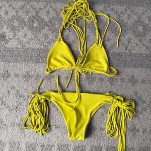 MIKOH Bright Yellow Strappy Triangle Top Tie Side Bikini | Small